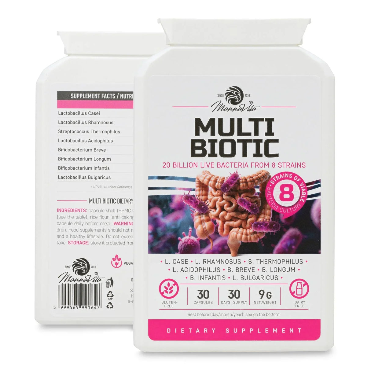 Multi Biotic probiotic • 20 billion bacteria from 8 strains • 30 capsules - Mannavita